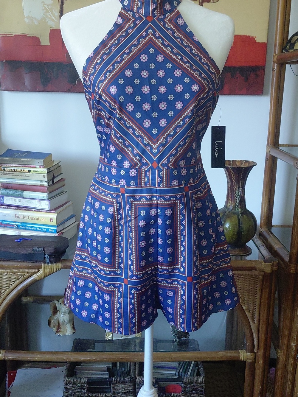 Lulu's Navy Blue Strapless Printed Romper Dress with Pink Accents